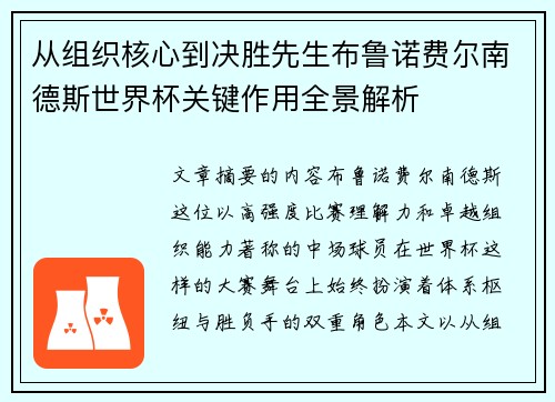 从组织核心到决胜先生布鲁诺费尔南德斯世界杯关键作用全景解析